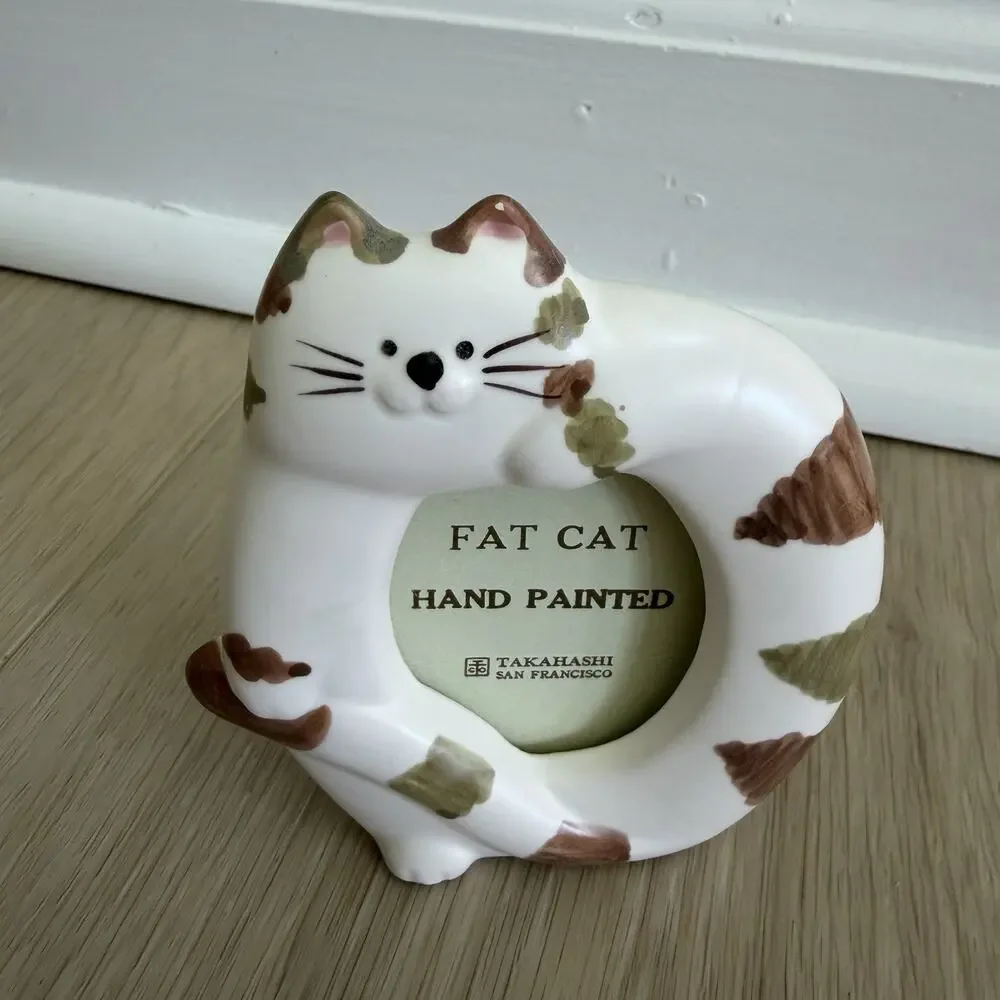Hand Painted Takahashi Fat Cat Ceramic Photo Frame Made In Japan Vintage